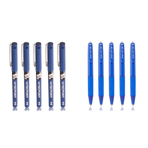 Image of Pilot - Hi-Tecpoint V5 0.5mm Extra Fine Point Pure Liquid Ink Roller Ball Pen | Blue Ink, Pack Of 5 & BP-1 RT 0.7mm Fine Tip Ball Pen with Soft Rubber Grip | Blue Ink, Pack of 5