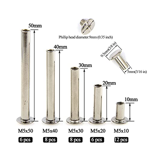 Alloypro 80 Pcs Phillips Chicago Binding Screws M5 x 10/20/30/40/50mm Silvery Scrapbook Extenders Post Binding Barrels and Screws Assortment Kit for Scrapbook Photo Albums/Book Binding