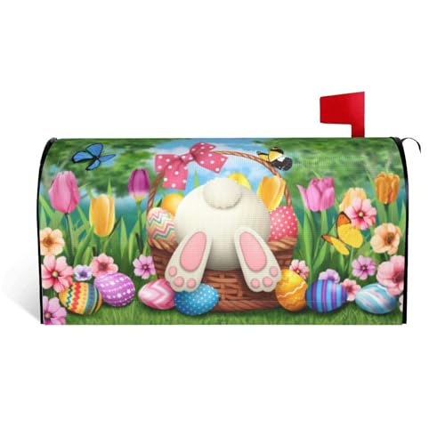 ARKUKT Easter Mailbox Cover Magnetic Welcome Bunny Rabbit Eggs Spring Mailbox Wraps Post Letter Box Cover for Garden Yard Home Decor Standard Size 21" x 18"