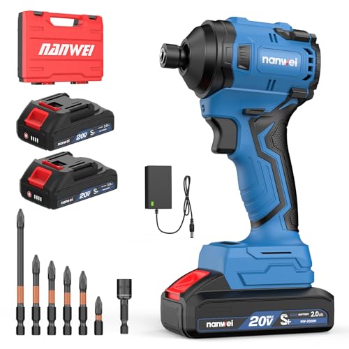 NANWEI 20V Brushless Impact Driver,2100 In-lbs (240N·m) Max Torque, 1/4" Hex Shank, 2 x 2.0Ah Batteries, and Bit Set – Ideal for Heavy Duty Home Improvement and DIY Projects(With Battery）