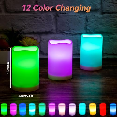 Image of LED Flickering Flameless Candles with Color Changing, Remote Control and Auto-Off Timer, 100 Hours Working Time, Battery-Operated.Multi-Color(Multi-Colored, 4(h)*2.5(d) in 3 Pack)
