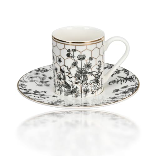 STP GOODS Gold Honeycomb Bone China Espresso Cup with Saucer Set for 4 pers.