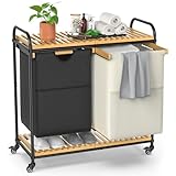 BambooHomie Rolling Laundry Hamper, Bamboo Laundry Basket with Wheels, Tall Laundry Sorter with 2 Pull-Out Removable Bags and Shelves, Double Laundry Hamper for Dirty Clothes, 2 x 40L, Black & White