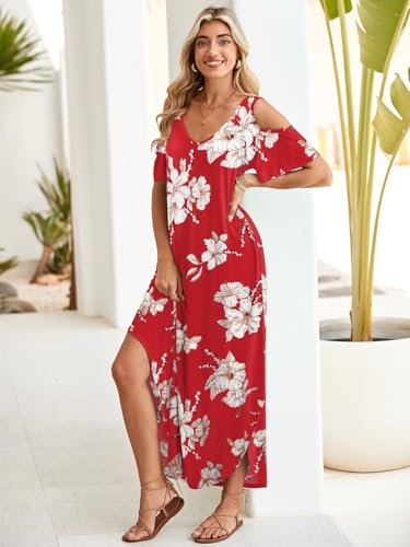 Image of BELAROI Womens Cold Shoulder Maxi Dress Plus Size V Neck Summer Sundresses with Pockets Beach Coverup Vacation Outfits