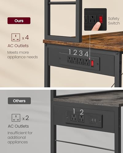 Image of VASAGLE Bakers Rack with Power Outlet, 31.5 Inches Coffee Bar for Kitchen with Storage, 6-Tier Kitchen Shelves with 6 Hooks, Microwave Stand, Industrial, Rustic Brown and Ink Black UKKS119K01