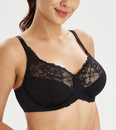 Lemorosy Women's Full Coverage Flower Lace Underwire Unpadded Comfy Minimizer Bra (38Ddd, Black) #TOP3
