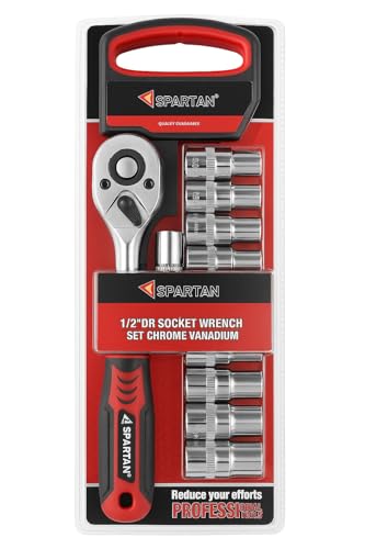 SPARTAN 12 in 1 Heavy Duty Socket Set 1/2" Chrome Vanadium Steel Ratchet Socket Wrench Spanner | Soft Grip 12 Pieces Hand Tool Kit For Mechanic Tool Kits(Pack of 1)