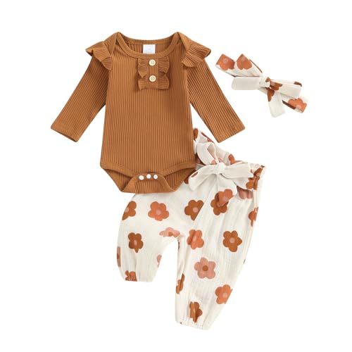 Image of BemeyourBBs Newborn Baby Girl Clothes Ruffle Romper Bodysuit Top Floral Bow Pants Set with Headband Infant Fall Winter Outfit