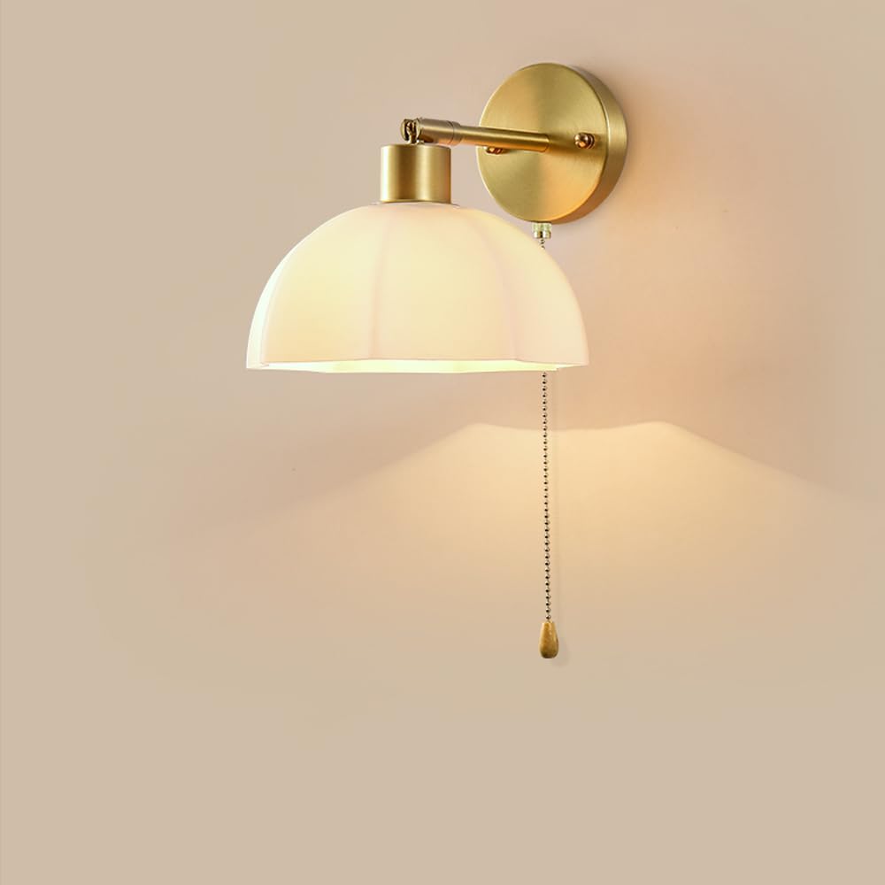 HUAYUSEDF Minimalist Bedroom Brushed Brass Wall Sconce with Pull Switch Modern Nordic Milky White Glass Light Fixture Mid Century Reading Mounted Lamp for Living Room Bedside