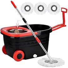 Mop and Bucket with Wringer Set, 360 Rotating Floor Mop Bucket on Wheels for Floor Cleaning, 3 Microfiber Mop Replacement Head Refills, 61"" Stainless Steel Extended Handle, Red&Black