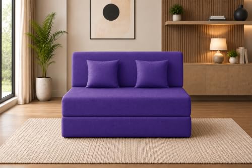 Image of Sofa Cum Bed with Jute Fabric, Convertible Two Seater Sofa Bed 4x6 Ft, Comfortable Cushioned Seating, Space Saving Design for Living Room, Bedroom & Guest Room - Purple Color