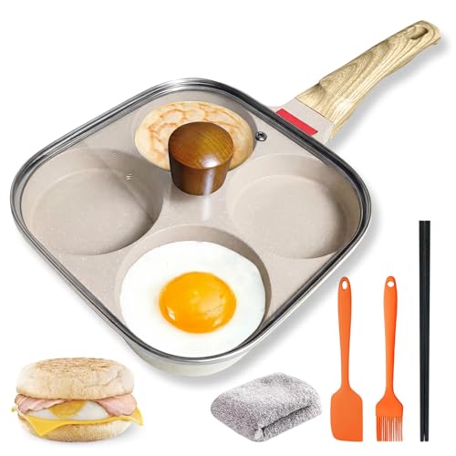 4Cup Nonstick Egg Pan Set with Lid Aluminum Omelette Skillet for Breakfast Includes Silicone Scraper Oil Brush Chopsticks & Cleaning Cloth Compatible with Gas & Induction Cooktops (White)