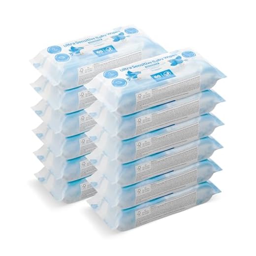 Marca Amazon - Mama Bear Ultra Sensitive Toallitas humedas para bebé, Sin fragancia, 720 Unidad, 12 Paquetes de 60, (100% tejido biodegradable)