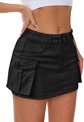 Mancreda Women Denim Cargo Skirt Mini Low Waist Button Bodycon Y2...