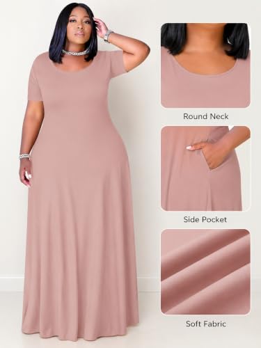 Image of PinkPatty Women's Plus Size Maxi Dresses Short Sleeve Sundress Summer T-Shirt Beach Long Dress with Pockets