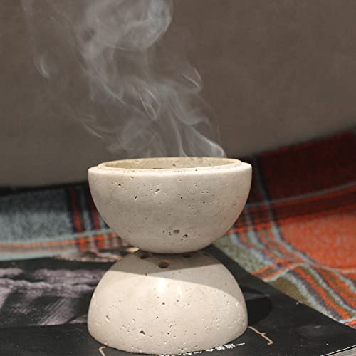 Natural Round Incense Holder, Minimalist Travertine Incense Burner For Cones, Coil Incense, With Incense Plug, 3.94In (Gray) #TOP1