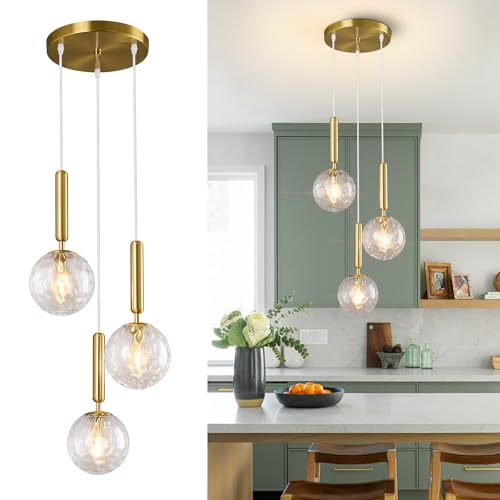 Image of Mid Century Globe Pendant Light with Clear Glass for Kitchen Island Modern Gold Finish Hanging Light Fixture Retro Round Pendant Lighting for Living Room Bedroom Entryway(3 Lights)