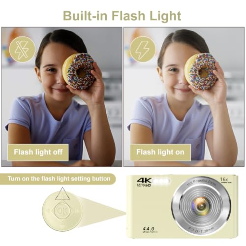 Image of Digital Camera for Teens, 4K 44MP FHD 16x Zoom Point Shoot Camera 64GB Card | Autofocus, Fill Light, Webcam Mode, Continuous Shooting, Time-Lapse, Filters, Easy Operation, Ideal for Beginners Kids