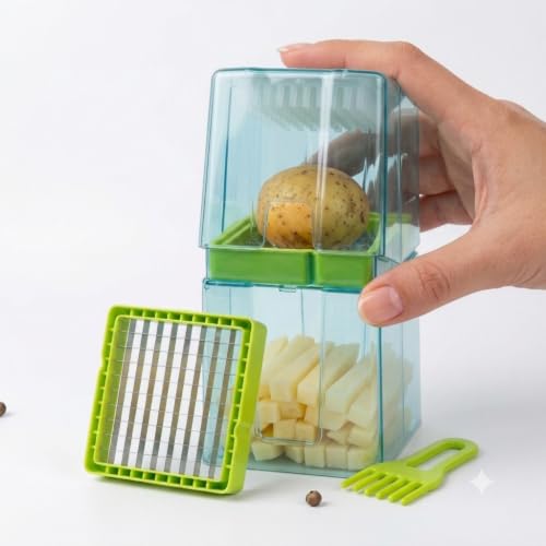 2 in 1 Potato Chipper & French Fry Cutter | Manual Vegetable Cutter with 2 Cutting Grids | Potato Slicer for French Fries | Vegetable Sticks | Green Color Lime Green