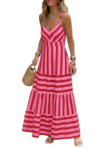 Caracilia Womens Gingham Striped Smocked Maxi Dress Pink Red Stripe M