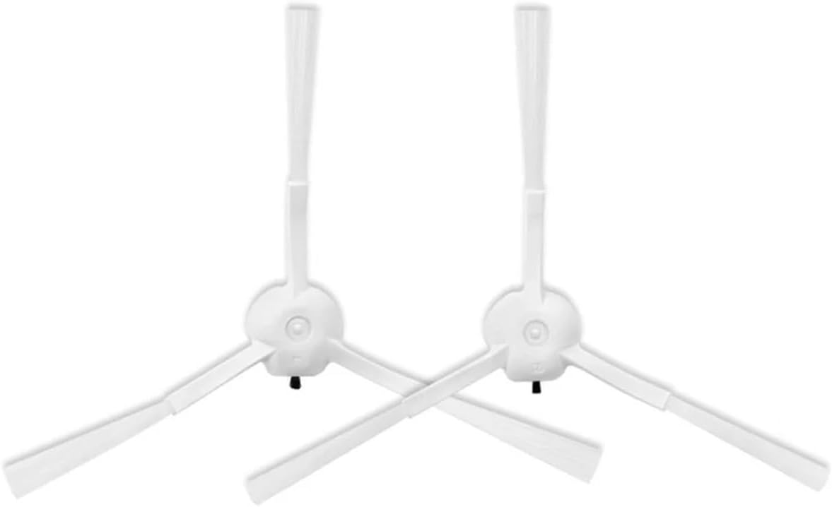 Two white three-armed side brushes for a robot vacuum cleaner.