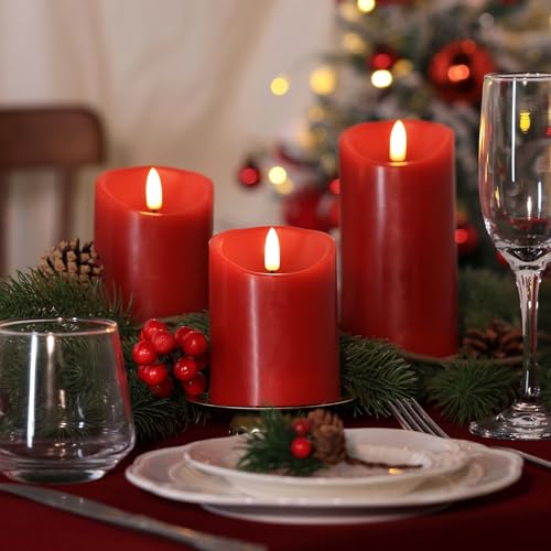 Image of Battery Operated Candles, Real Wax Red LED Candle Flickering Flameless Candles with Remote, 3D Wick Fake Candles for Christmas, Thanksgiving, Home Decor, Party, Gifts, Set of 3, D3 inchx H4 inch /5 inch /6 inch