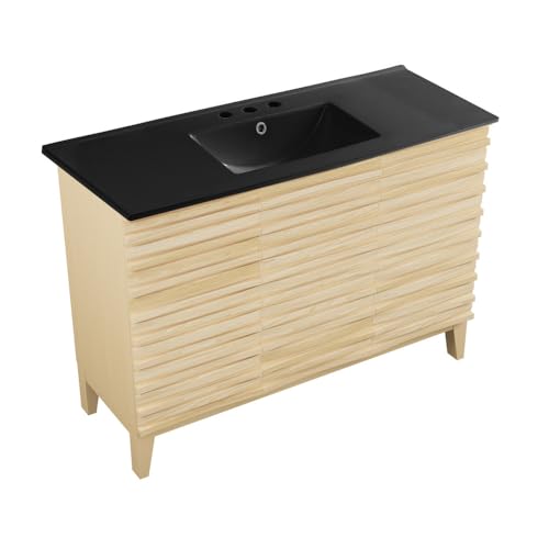 Image of Swiss Madison Cascade 48 in. Natural Oak Bathroom Vanity with Black, 3-Hole Ceramic Sink Top