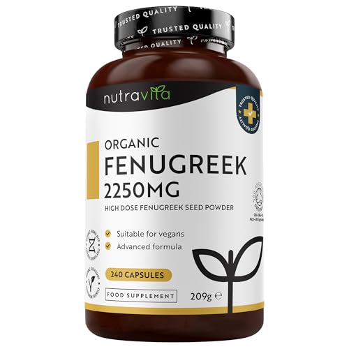 Fenogreco Capsulas - 100% Puro y Organico, 750mg por Cápsula hasta 2250mg al Día - Hasta 8 meses, 1-3 Cápsulas al Día - Fenugreek Complementos Alimenticios - Nutravita