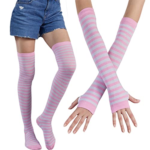 Women Colorful Thigh High Socks Arm Warmers Set Knit Over Knee Stockings