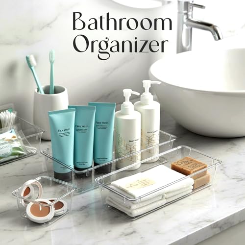 KICHLY 25 Pack Clear Plastic Desk Supplies Organizer, 4 Sizes Desk Drawer Organizer for Office Supplies, Vanity Organizers, Makeup, Gadgets, & Jewelry Storage Bins image 4