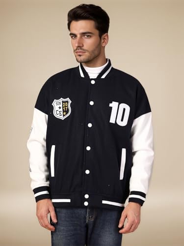 Image of CHKOKKO Men's Oversized Varsity Jacket with Snap Button Closure and Patch Design Trendy Comfortable Outerwear for College Travel and Casual Wear