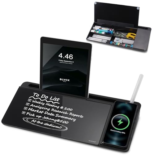 Image of Small Glass Desktop Whiteboard Dry-Erase-Board - Computer Keyboard Stand with Wireless Charger White Board Surface Pad with Drawer, Desk Organizers with Accessories for Office, Home, School Supplies