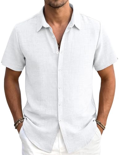LINENNMAIN Mens Linen Shirts Casual Lightweight Button Down Shirt Beach Vacation Summer Tops Short Sleeve Stylish Shirt White