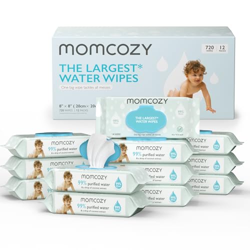 Image of Baby Wipes, Momcozy Water Wipes-Extra Large Size Design, 99% Water Based Wipes, Unscented & Hypoallergenic, Cleansing & Moisturizing Baby Wipes for Sensitive Skin, 12 Flip-Top Packs (720 Wipes Total)