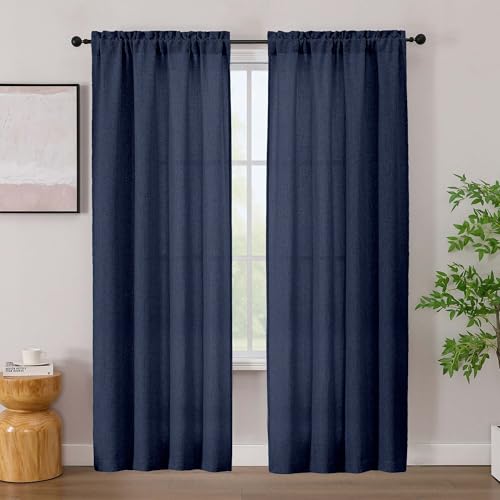 Simplebrand Navy Blue Linen Curtains 84 Inch Length 2 Panels Set, Faux Linen Textured Semi Light Filtering Farmhouse Curtains & Drapes, Soft Window Curtains for Living Room Bedroom, Each 42" Wx84 L