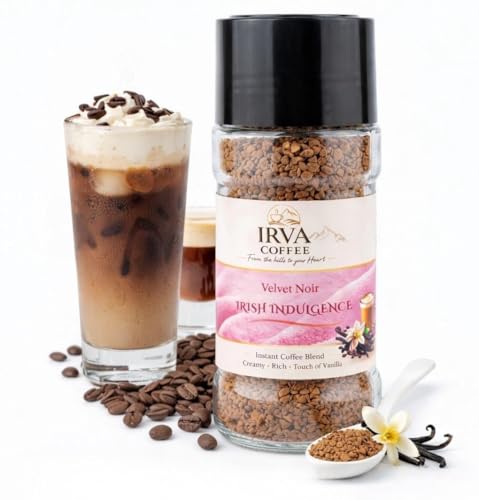 Image of IRVA Irish Indulgence Velvet Noir | Premium Irish Flavoured Instant Coffee (Non-Alcoholic) | Freeze-Dried Granules | Velvety Smooth, Creamy Indulgence with Rich Aroma | Perfect for Hot & Cold Coffee | Cafe-Style Experience at Home | 100 g | Makes 40-50 Cups