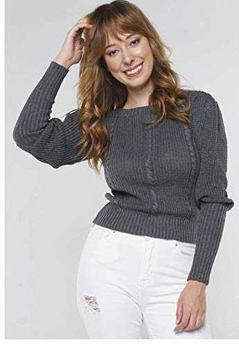 Suéter de Tricot Mangas Bufantes Gola Canoa Sob Cinza Chumbo (G)