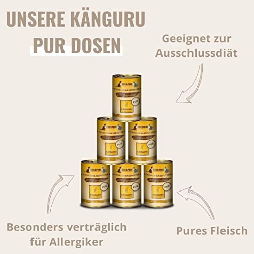 Escapure Känguru Pur Dose 6 x 400g - Nassfutter für Hunde - 100% pures Kängurufleisch Nassfutter - Premium Dosenfutter Känguru ohne Zusatzstoffe - Hunde Ergänzungsfuttermittel frei von Getreide