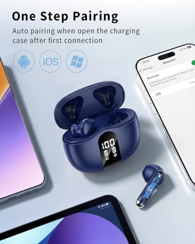 Image of Wireless Earbuds, 2026 Bluetooth 5.4 Headphones Bass Stereo Ear Buds with Noise Cancelling Mic, LED Display in Ear Earphones 50H Playtime Ear Buds, IP7 Waterproof for Laptop Pad Phones Deep Blue