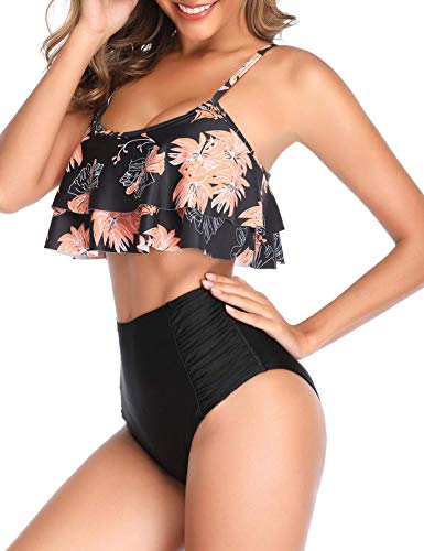 Mycoco biquíni feminino cintura alta duas peças com babados duplos, Daisy-halter, L
