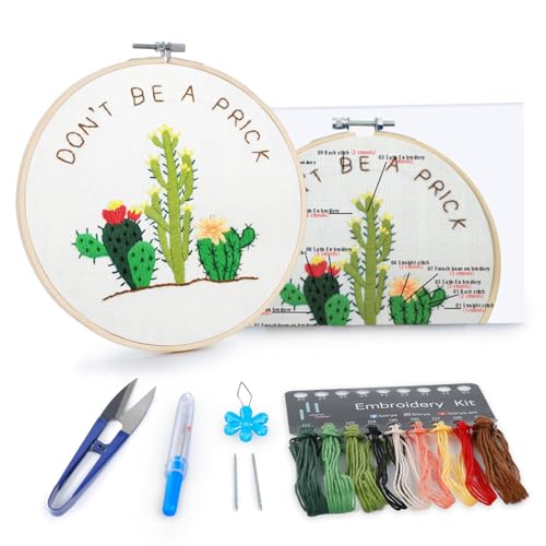 Image of BERYA Cactus Embroidery Kit Including Video Step by Step Instructions Embroidery Hoop,Color Threads and Embroidery Scissors for Beginners-Handmade Needlepoint Kits for Adults