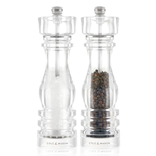 Cole & Mason London Acrylic Salt and Pepper Mill Set, 220mm, Precision+ Carbon/Ceramic Mechanisms, Salt and Pepper Grinders with Adjustable Grind, Gift Set
