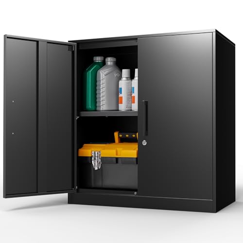 LUCYPAL Metal Storage Cabinets with 2 Doors and Handle,Steel Locking Storage Cabinet with Adjustable Shelves,Tool Cabinet for Office,Home, Garage (Black)