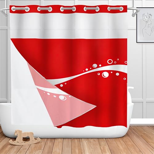 Shrahala Classic Red Shower Curtain with Snap in Liner Set, White Ribbons Wave No Hooks Stall Curtain Waterproof for Bathtubs Magnetic Hem 71 X 74 in