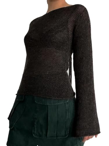 CORIRESHA Women's Vintage Tie Back Bell Sleeves Boat Neck Casual Knitted Pullover Sweater