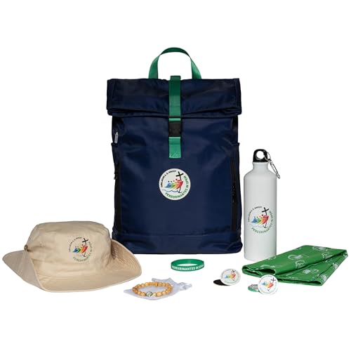 PILGRIM'S BACKPACK, Kit mochila del peregrino de tejido RPET con accesorios, capacidad 28 l, producto oficial Jubileo 2025, turquesa, Talla única