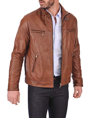 Image of 100% Leather Jacket for Men - Round Collar Slim Fit - Moto, Bomber, Biker Winter Casual Wear