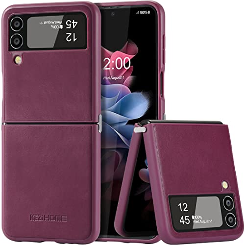 Kezihome Case For Samsung Galaxy Z Flip 4 5G 2022, Genuine Leather Slim Thin Shockproof Soft Tpu Edge Hinge Protective Cover Phone Case Compatible With Galaxy Z Flip 4 5G (Dark Purple) #TOP9