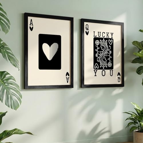 NoWorries Typography Playing Cards Wall Art Framed Painting | Lucky Ace and Queen Heart Card Art Prints | Minimal Black & White Aesthetic Wall Decor | Premium 300 GSM Paper Print with Synthetic Wooden Frame | Modern Wall Art for Living Room, Bedroom & Office (Set of 2) (BLACK, ART-5, 13X19INCHES)