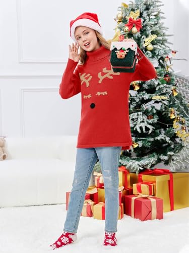 Image of Haloumoning Girls Christmas Sweater Kids Oversized Turtleneck Cute Reindeer Sweaters with Side Slit